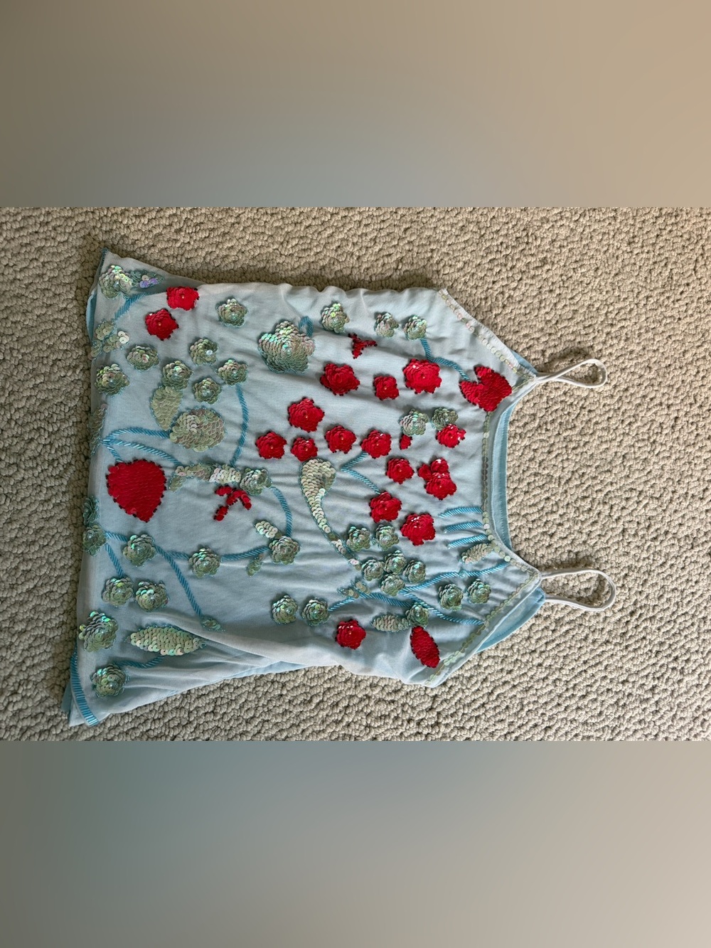 Women’s Light Blue Embellished Floral Tank Top with Red Sequin Flowers